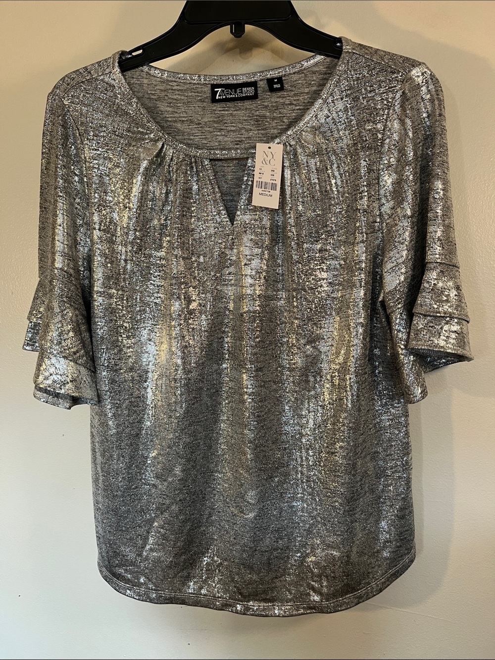 Metallic Silver Flutter-Sleeve Blouse